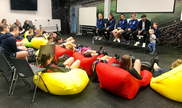 WebArticle Womens High Performance.jpg Marijana Rajcic, Jenna McCormick, Jess Sedunary, Sally Riley and Eddie Betts speak to the squad
